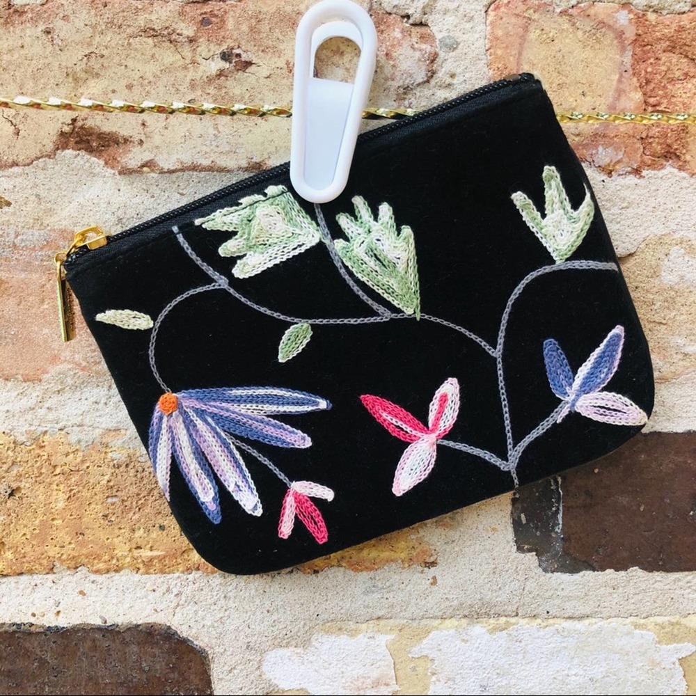 Black Suede Wristlet with Embroidered Detail